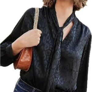 Express Leopard Print Tie-Neck Blouse Satin